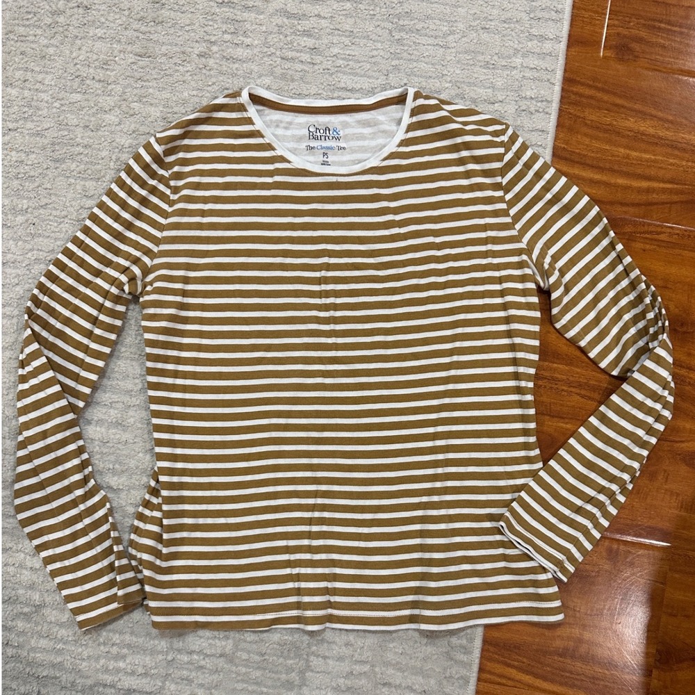 Croft & Barrow Womens Brown White Striped Long Sleeve Classic Tee Cotton PS